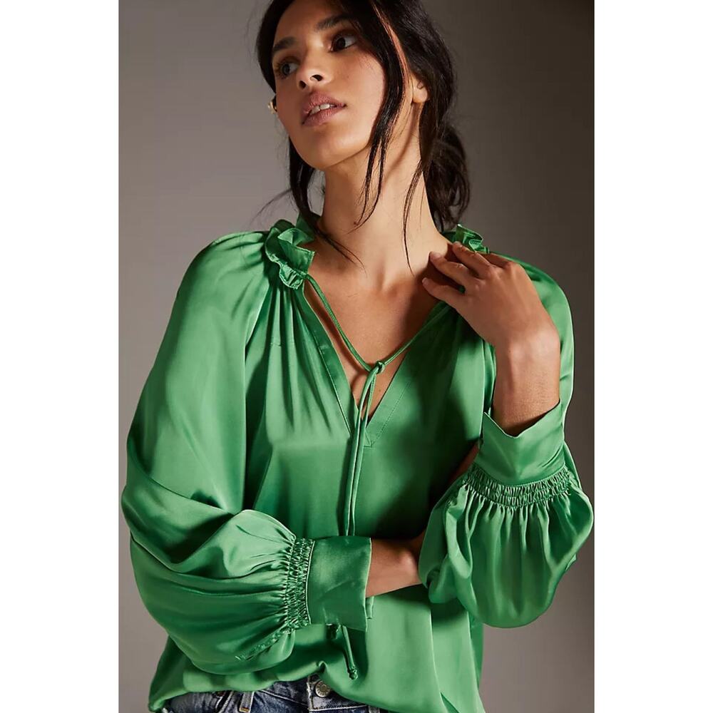 By Anthropologie Green Satin Tie Neck Blouson Sleeve Blouse XS